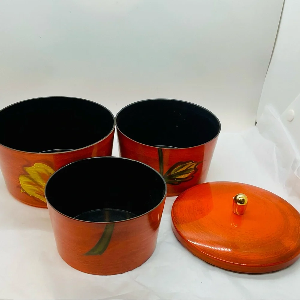 VTG Orange Lacquer Ware Stacking Nesting Set 3 Bowls & Lid Floral Design - Japan